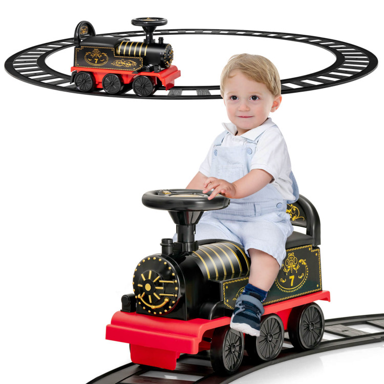 6V Electric Kids Ride On Train with 16 Pieces Tracks-BlackCostway Gallery View 7 of 11